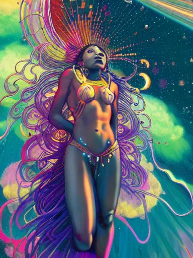 Image similar to highly detailed digital painting of a black female celestial being experiencing nirvana in space, colorful nebulas and planets in the background, highly detailed, intricate design, cinematic view , 8k resolution, artstation, by Akihiko Yoshida, Alphonse Mucha and Moebius