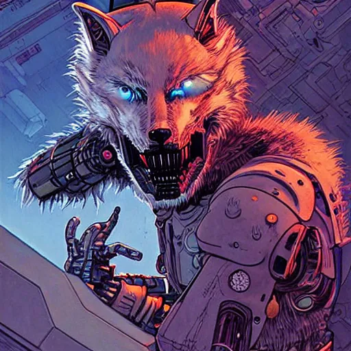 Image similar to portrait of a cybernetic werewolf warrior with white fur and power armor, cyberpunk concept art by josan gonzales and moebius and enki bilal and and dan mumford and jean claude meziere and philippe druilleg