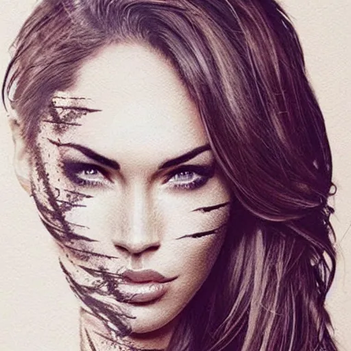 Prompt: realistic tattoo sketch of megan fox face photoshop double exposure effect with a mountain scenery, in the style of matteo pasqualin, amazing detail, sharp, faded