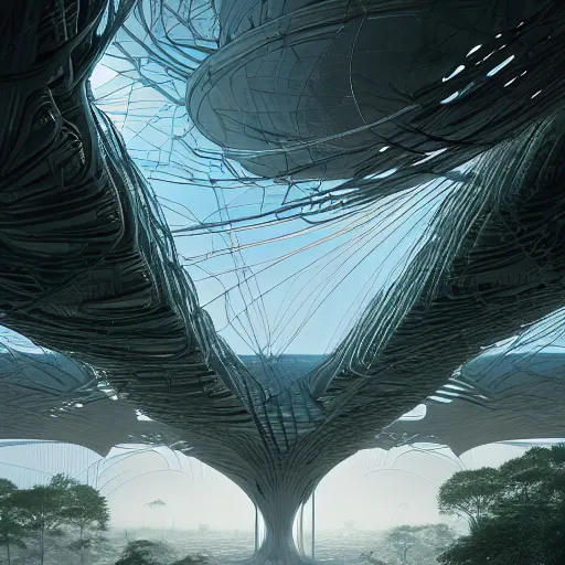 Prompt: futuristic branching and webbed and vaulted shelter structure stretching out across the countryside, beautiful dynamic lighting, cinematic, wide angle establishing shot, extremely high detail, photo realistic, cinematic lighting, post processed, concept art, artstation, matte painting, style by eddie mendoza, raphael lacoste, alex ross, volumetric lighting, light rays, photorealistic, ultrarealistic, moody, coronarender, 8k