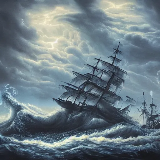 Image similar to a highly detailed hyperrealistic scene of a ship being attacked by giant squid tentacles, jellyfish, squid attack, dark, voluminous clouds, thunder, stormy seas, pirate ship, dark, high contrast, fiery galaxy, nomadic