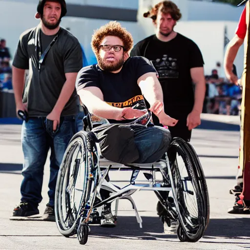 Prompt: seth rogan in a wheelchair at x - games magazine action photo