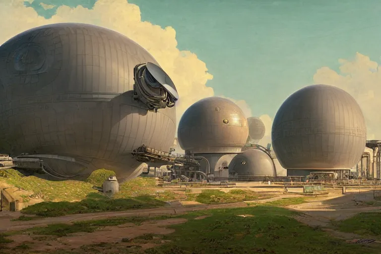 Image similar to an impressive science fiction big factory with a spherical architecture designed by boeing military and star wars with fat cables and pipes at its base, on a beautiful green hill in a the french countryside during spring season, painting by studio ghibli backgrounds and louis remy mignot hd, nice lighting, smooth tiny details, soft and clear shadows, low contrast, perfect