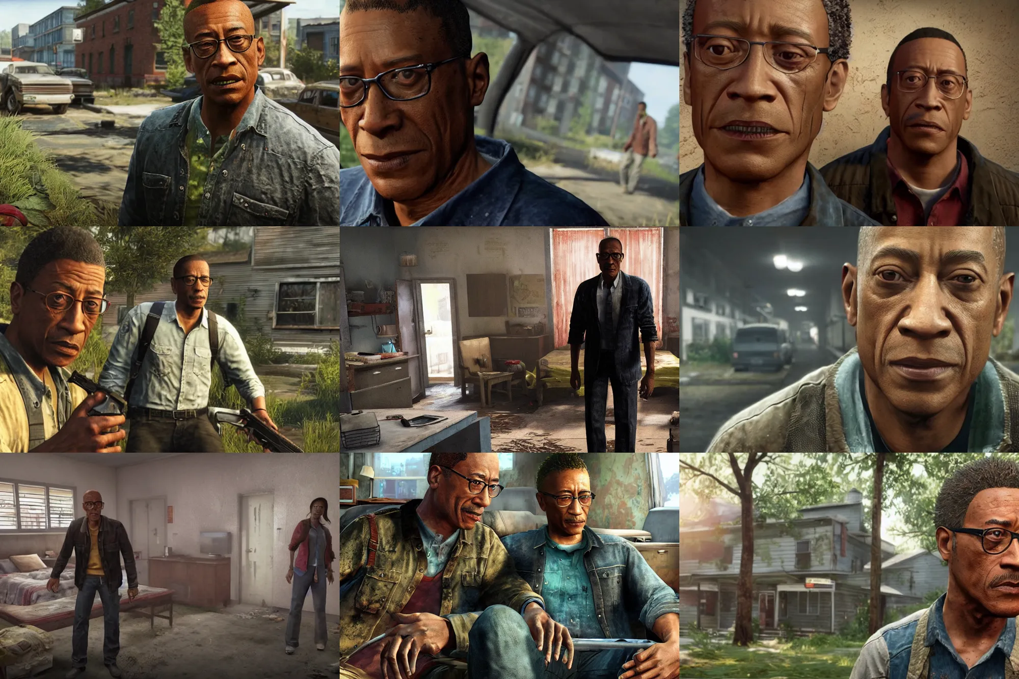 Prompt: a screenshot of gus fring in the video game the last of us. 3 d rendering. unreal engine. amazing likeness. very detailed. cartoon caricature.