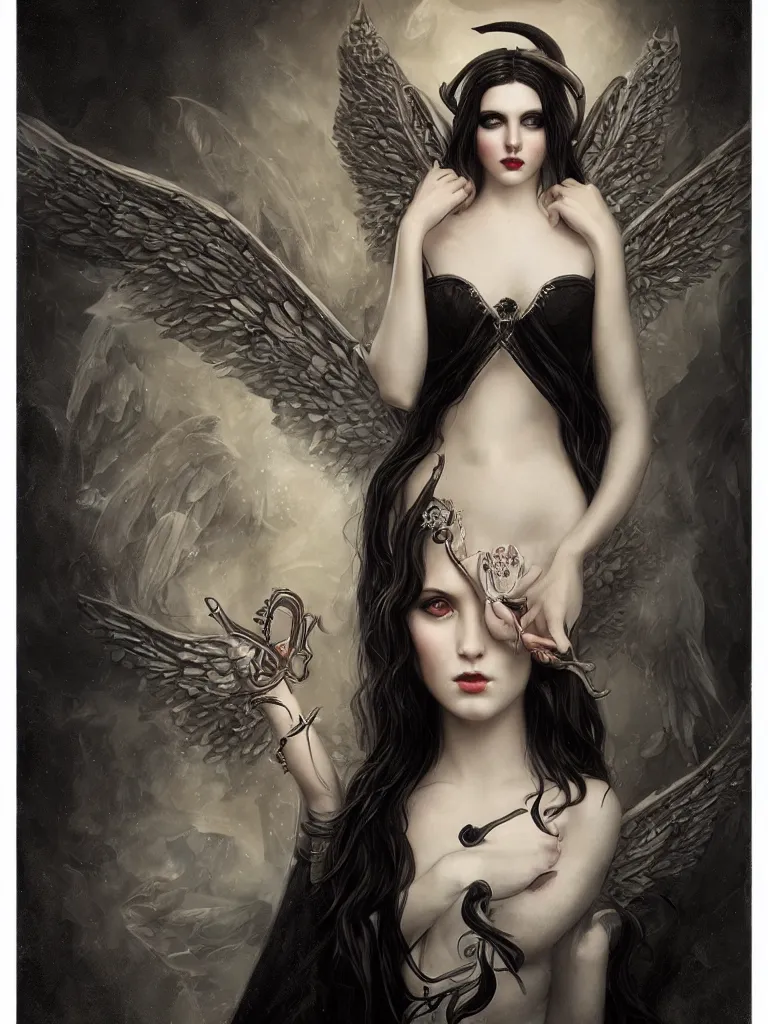 Prompt: portrait of a beautiful winged goddess with horns and ornate black dress by tom bagshaw