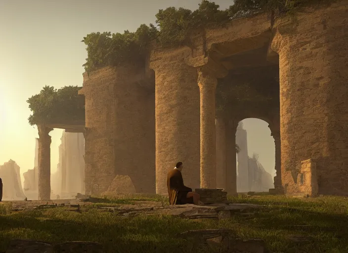 Image similar to a land ruins with a fort in the middle, golden pillars, water tunnels below and a time gate to another dimension, a wounded man wearing a white robe standing watching over, dramatic lighting, dawn, by caspar david friedrich, unreal engine 5