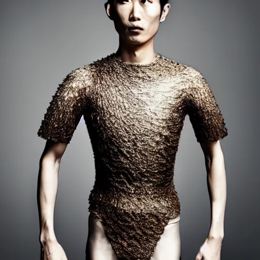 Prompt: a japanese male wearing a iris van herpen crop top, photographed by erwin olaf