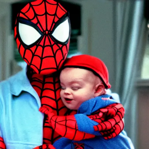 Image similar to realistic photo of spiderman holding baby wearing spiderman costumes, an film still