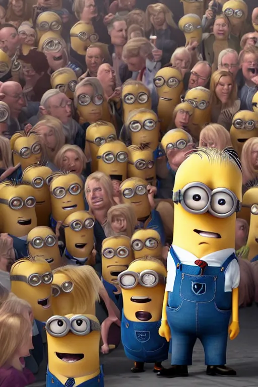 Prompt: trump with blond hair as a minion standing in front of a riot, pixar style, intricate, portrait, 8 k highly professionally detailed, hdr, cgsociety