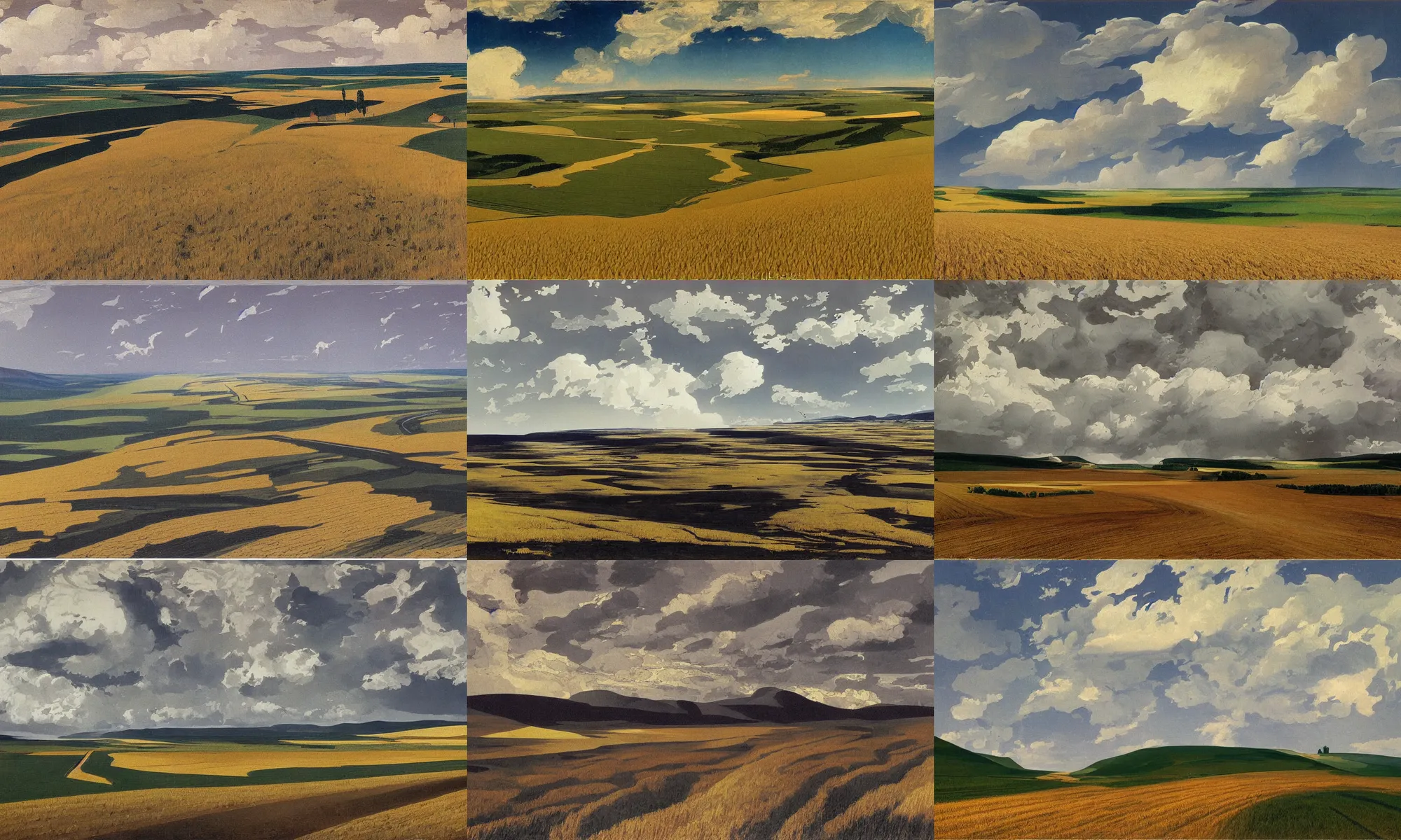 Prompt: painting of landscape of russia, hurricane, road between hills, thunder clouds, wheat fields, forests, pastoral, from a bird's eye view, unsaturated and dark atmosphere, evening, artwork by georgy nissky and alfred joseph casson and isaac levitan