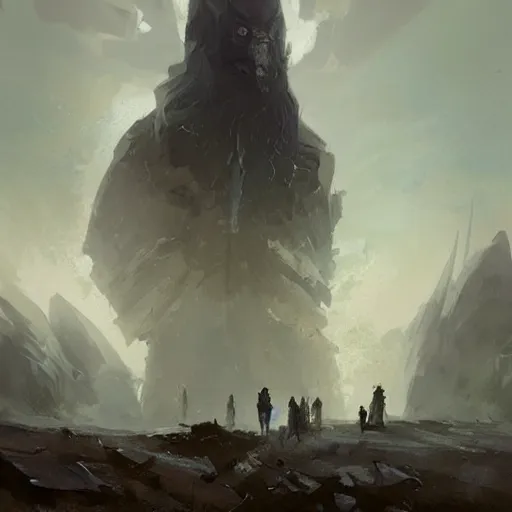 Image similar to giant looming over a human, art by greg rutkowski