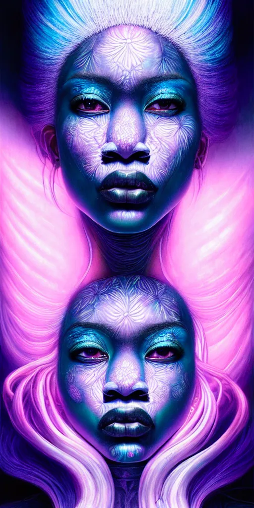 Image similar to hyperrealistic intricate close-up of beautiful black woman with white hair and pearlescent blue skin hannah yata machiej kuciara dramatic neon lighting on one side