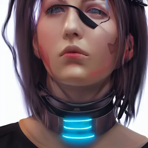 Image similar to headshot artwork of a cyberpunk woman wearing thick steel choker around neck, 4K, detailed face, collar on neck, realistic, artstation, neon,