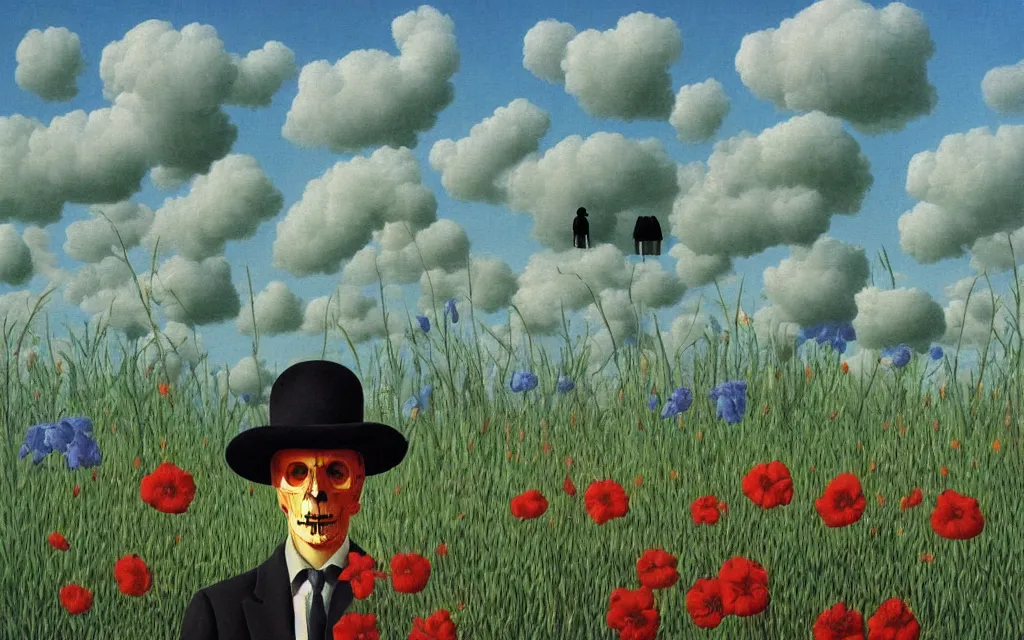 Image similar to grim reaper looking at you in distance in beautiful meadow of flowers, detailed painting by rene magritte