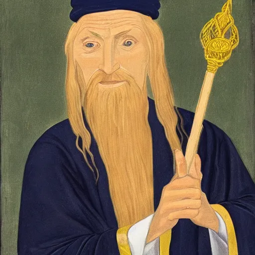 Prompt: A portrait of a wizard with a long blonde ponytail in a navy blue robe with gold accents, in his right hand he holds a staff of light with a bright crystal