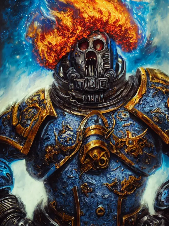 Image similar to portrait art of 8k ultra realistic undead space marine on fire,intricate blue helmet, detailed intricate ornate armour,decaying, cybernetic, full of colour, cinematic lighting, battered, trending on artstation, 4k, hyperrealistic, focused, extreme details,unreal engine 5, cinematic, masterpiece, art by ayami kojima, giger