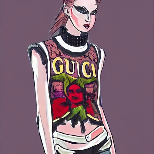 Prompt: 1980 punk fashion, gucci catwalk, oil painting, digital art, ultradetailed, artstation