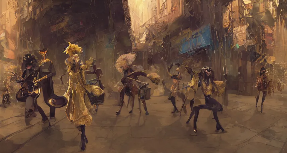 Prompt: craig mullins and ghibli digital art of on the stage, masked female violinists, exotic costumes, gold jewelry, black hair, solo performance realistic shading, cinematic composition, realistic render, octane render, detailed textures, photorealistic, wide shot