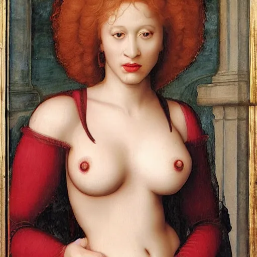 Image similar to Christina Hendricks body strip renaissance art by Raphael, realistic detailed,