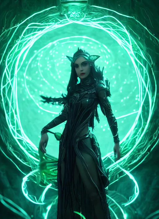 Image similar to high fantasy and sci - fi elvish rogue wearing a bioluminescent vine dress, surrounded by elvish glowing runes cinematic shot in the style of final fantasy, cinematic lighting, hyperdetailed, 8 k realistic, global illumination, mysterious light, dof, trending on artstation, digital art