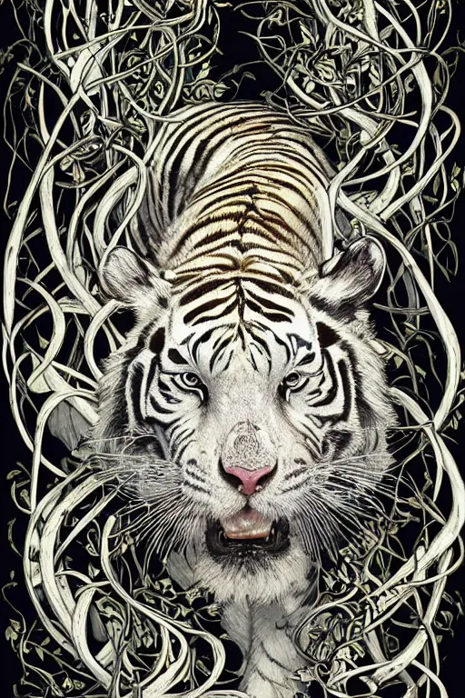 Image similar to ultra realistic full - body white tiger wrapped in vines and white flowers + black paper + elements + white + gold + cyan + baroque + rococo + ink, marc simonetti, paul pope, peter mohrbacher, detailed, intricate ink illustration