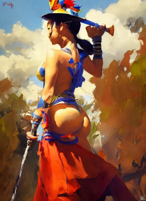 Image similar to greg manchess side portrait of a filipino fighter with a jester hat and a scepter, organic painting, sunny day, matte painting, bold shapes, hard edges, street art, trending on artstation, by huang guangjian, gil elvgren, ruan jia, randy vargas, greg rutkowski