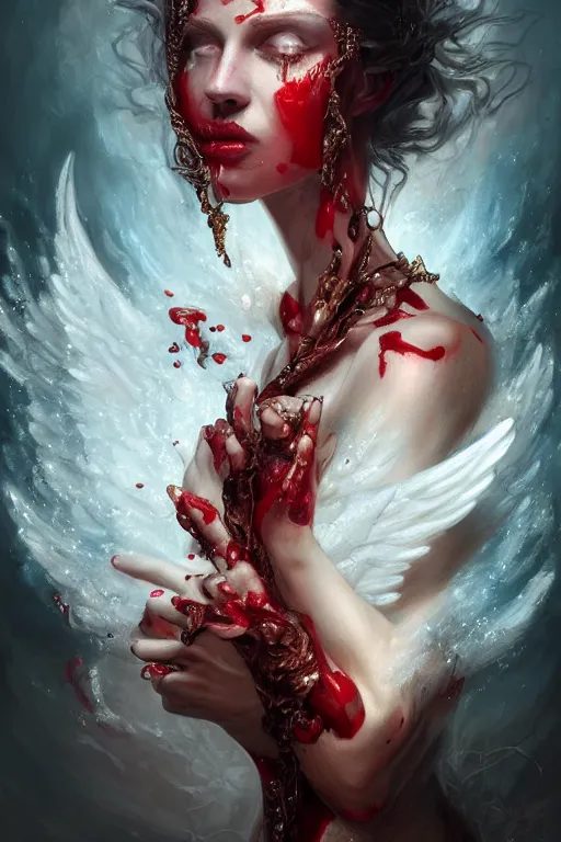 Image similar to beautiful model face covered with blood diamonds wearing fire velvet drowning in water, diamonds, angel, fantasy, dramatic lighting, highly detailed, digital painting, magic the gathering, hyper detailed, 3 d render, hyper realistic detailed portrait, peter mohrbacher, wlop, ruan jia