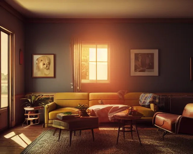 Prompt: vintage magazine photograph of an old pickup player in a mid century living room, golden hour, late afternoon sun, rays of light coming through the window, ultra realistic, ultra detailed, masterpiece, 8 k octane render, ambient diffusion, subsurface scattering, trending on artstation, cgstudio