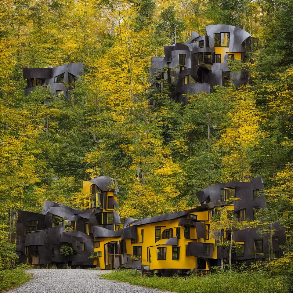 Image similar to a house in a taiga forest, designed by Frank Gehry. Tiles. Gravel pathway with parking. Film grain, cinematic, yellow hue