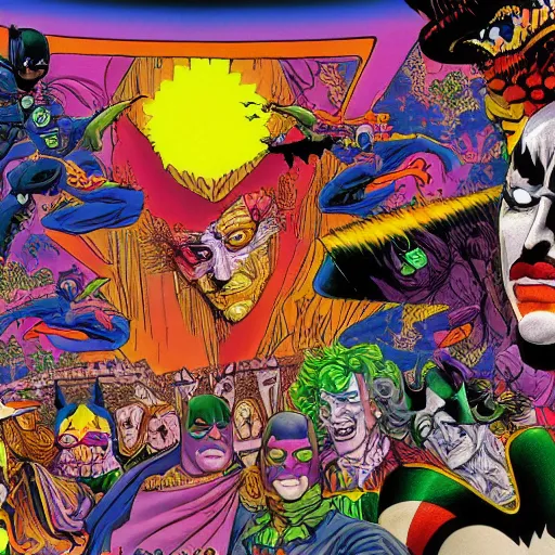 Prompt: a matte grand scale painting of batman in joker's fractal acid hell by howard chaykin and glenn fabry and todd nauck and alex grey and lisa frank, rainbow colors, hires detail, 8 k, fine detail