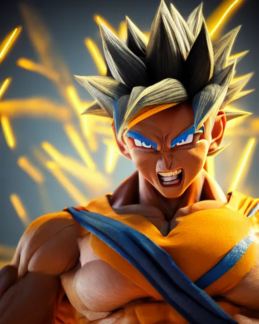 Image similar to 3 d high octane render, 8 k cgi, unreal engine, photorealistic goku, portrait, dynamic lighting, photorealistic, unreal engine, octane, ultra detailed, detailed faces, hd quality