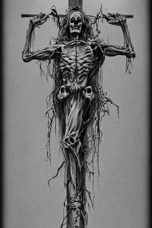 Image similar to crucified skeleton portrait album cover hyper detailed concept art sheet crosshatch sketch illustration art style by Jonathan Wayshak and Toshihiro Egawa and Zdizslaw Beksinski and Artstation trending 8k