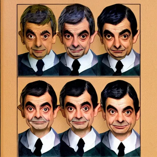 Image similar to mr. bean in a boy band and everyone is mr. bean hyperrealism photo - realistic by norman rockwell and 8 k