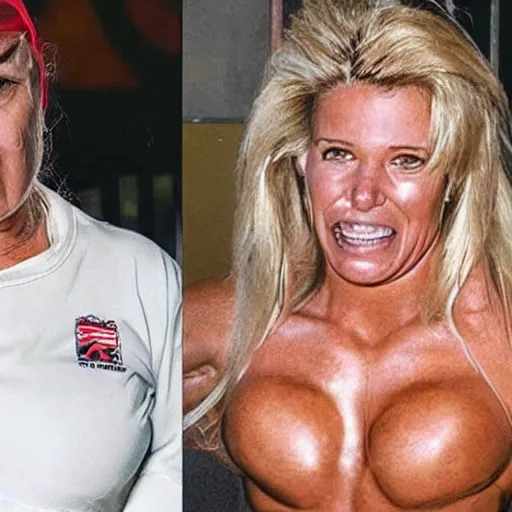 Image similar to a woman who is a genetic combination of hulk hogan and donald trump face and upper - body focus