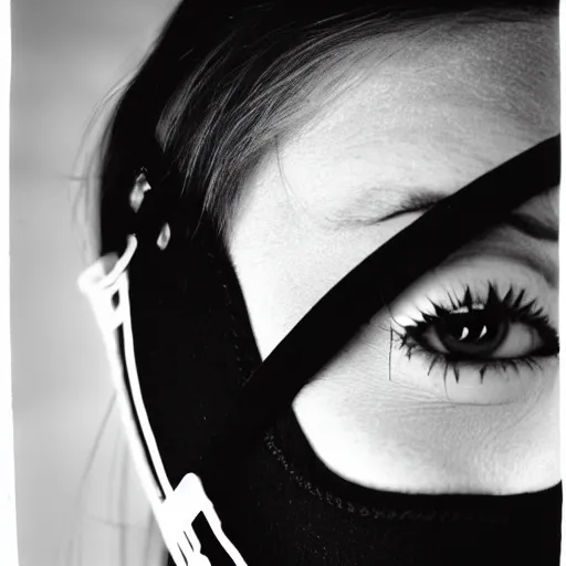 Image similar to Close up photograph of a woman wearing a Gimp Mask, black and white, professional photography, 35mm film, focus