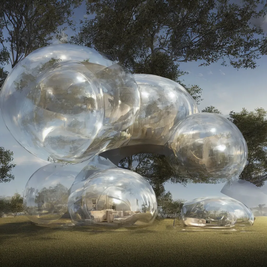 Prompt: Hyper realistic, inflatable bubble house made of glass full of sand, Hyper realistic, tent architecture, organic architecture, ultra wide shot, Future design, architecture design, environment, morning light, foggy, Cinematography, mega scans,cinematic, a hybrid tech design, hyper realistic,photo real, cinematic composition, highly detailed, extremely realistic, Vray, corona render,