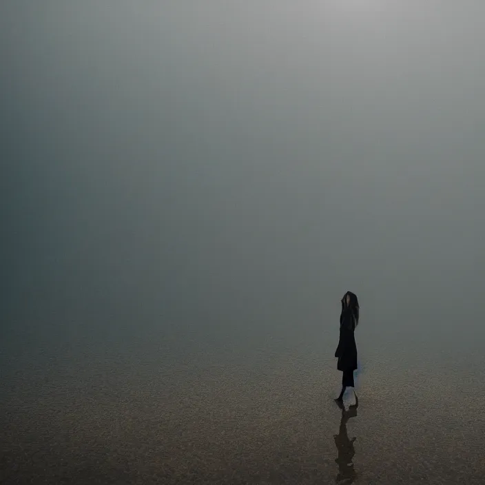 Image similar to a woman, standing in shallow endless water, foggy, backlit, backlit, photo by Marat Safin, Canon EOS R3, f/1.4, ISO 200, 1/160s, 8K, RAW, unedited, symmetrical balance, in-frame