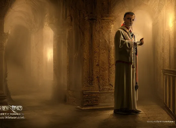 Image similar to a highly realistic and detailed full Priest standing in a dark dirty basement holding a rosary, wide angle 70mm lens, volumetric haze, front facing camera, symmetrical, photorealistic, insanely detailed and intricate, epic, hyper realistic, elegant, ornate, elite, horror, creepy, ominous, haunting, cinematic lighting, unreal engine, cinematic centered camera, high detail, no blur, unreal engine 8k