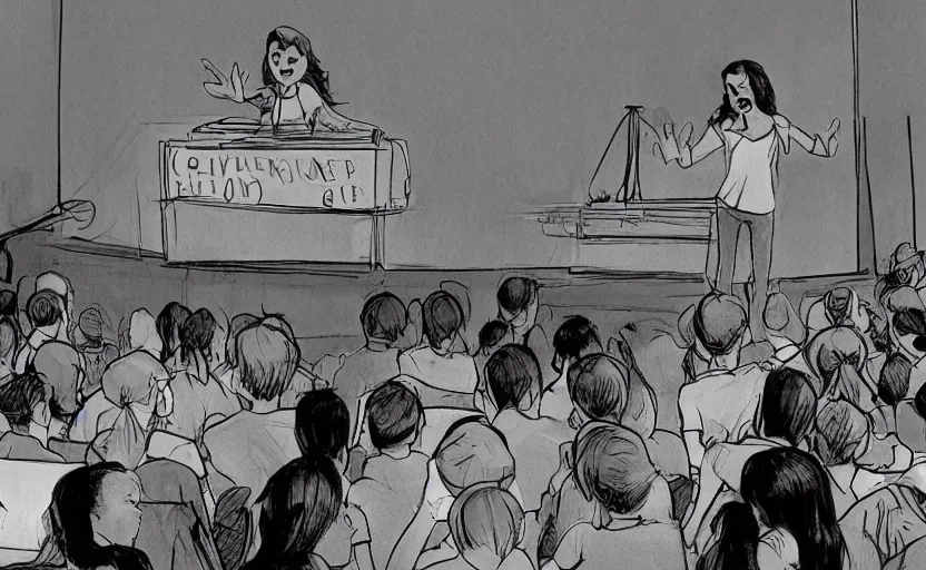 Prompt: a dramatic glen keane cartoon of gretta thunberg giving a speech to a crowd of youth climate activists