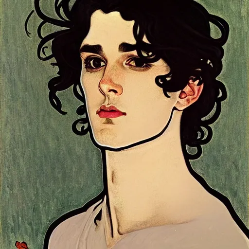 Image similar to painting of young cute handsome beautiful dark medium wavy hair man in his 2 0 s named shadow taehyung at the halloween matcha party, somber, depressed, melancholy, sad, elegant, clear, painting, stylized, delicate, soft facial features, delicate facial features, soft art, art by alphonse mucha, vincent van gogh, egon schiele