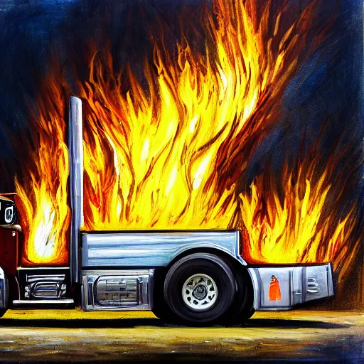 Prompt: painting of a flaming truck