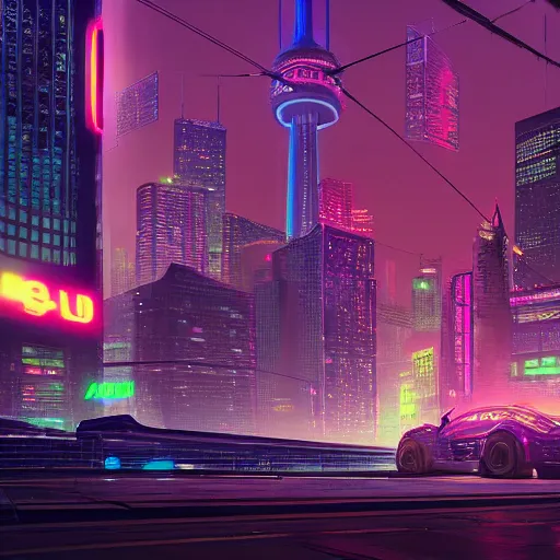 Image similar to Neon cyberpunk cityscape of Toronto Canada , CN tower, flying cars , advertisement screens, Blender 3D, Unreal Engine, 8k, by Jordan Grimmer and Andrea Pozzo