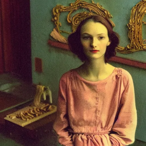 Image similar to close - up of a beautiful flowery girl in an soviet golden liminal abandoned room, film still by wes anderson, depicted by balthus, limited color palette, very intricate, art nouveau, highly detailed, lights by hopper, soft pastel colors