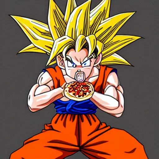 Prompt: a photo of Goku eating a pizza,hyperrealistic