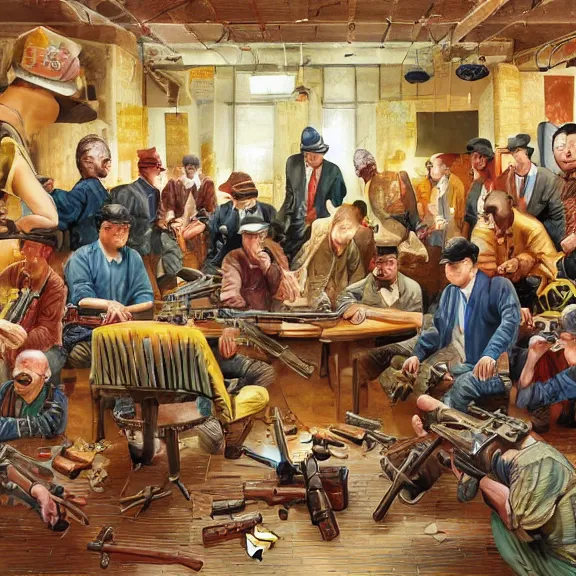 Image similar to a group of people with guns in a room, a jigsaw puzzle by xi gang, cg society, regionalism, sabattier effect, matte background, hellish background