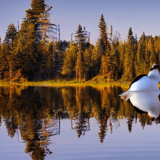 Image similar to high resolution photograph of a loon with an evil reflection, eerie, morning light, misty lake