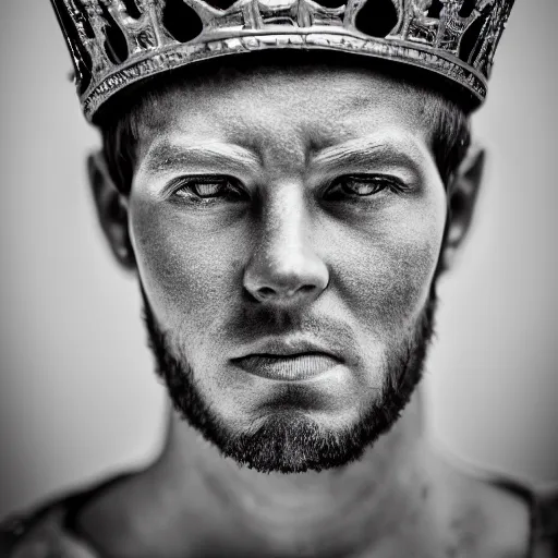 Image similar to stunning beautiful portrait photography of a face detailing medieval king with crown from national geographic magazine award winning, dramatic lighting, taken with Sony alpha 9, sigma art lens, medium-shot, monochrome