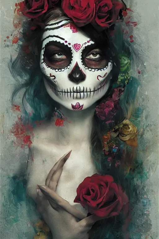 Prompt: illustration of a sugar skull day of the dead girl, art by ruan jia