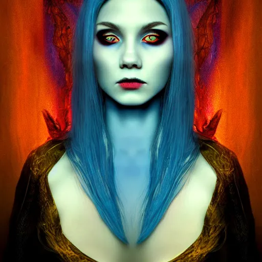 Image similar to portrait of young girl half dragon half human, dragon girl, dragon skin, dragon eyes, dragon crown, blue hair, long hair, By David Lynch