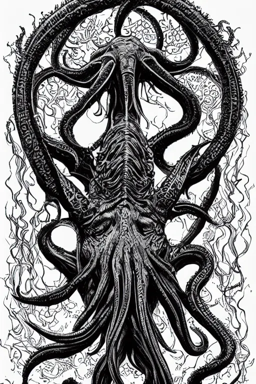 Prompt: cthulhu rising from the water, movie poster, black ink on paper, trending on artstation, beautiful, intricate, detailed